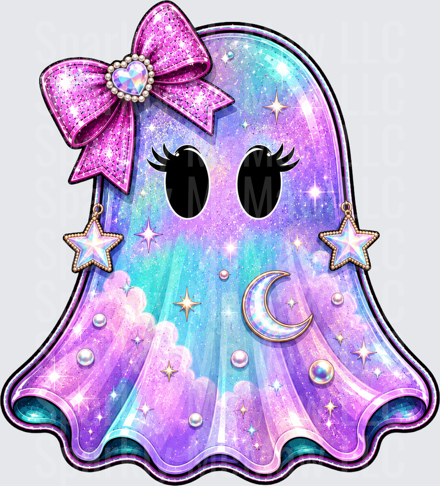 Cute Galaxy Ghost with Pink Bow and Star Earrings UV DTF Decal