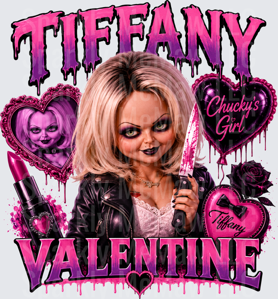 Tiffany Valentine Bride of Chucky's Girl Horror Valentine UV DTF Decal Pink Drip Bloody Knife Dark Romance Doll Design