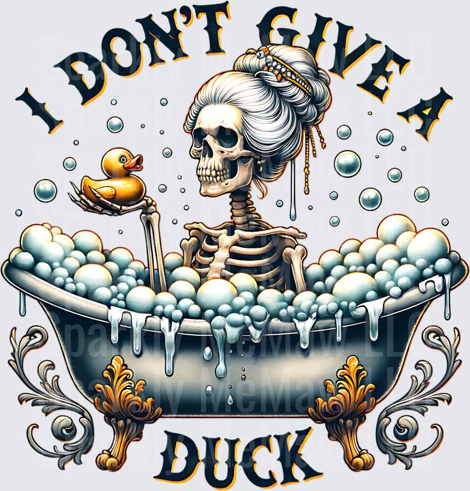 I Don't Give A Duck Skeleton Woman in Bubble Bath with Rubber Duck UV DTF Decal