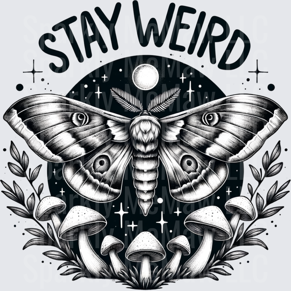 Stay Weird Moth with Mushrooms and Stars Black and White Gothic Design UV DTF Decal