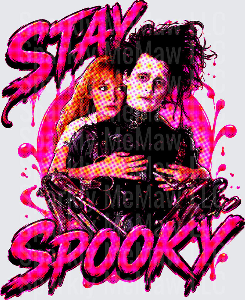 Edward Scissorhands and Kim Boggs Stay Spooky Hot Pink UV DTF Decal