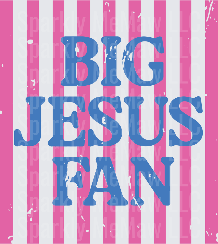 Big Jesus Fan Blue Text Pink White Striped Background Design