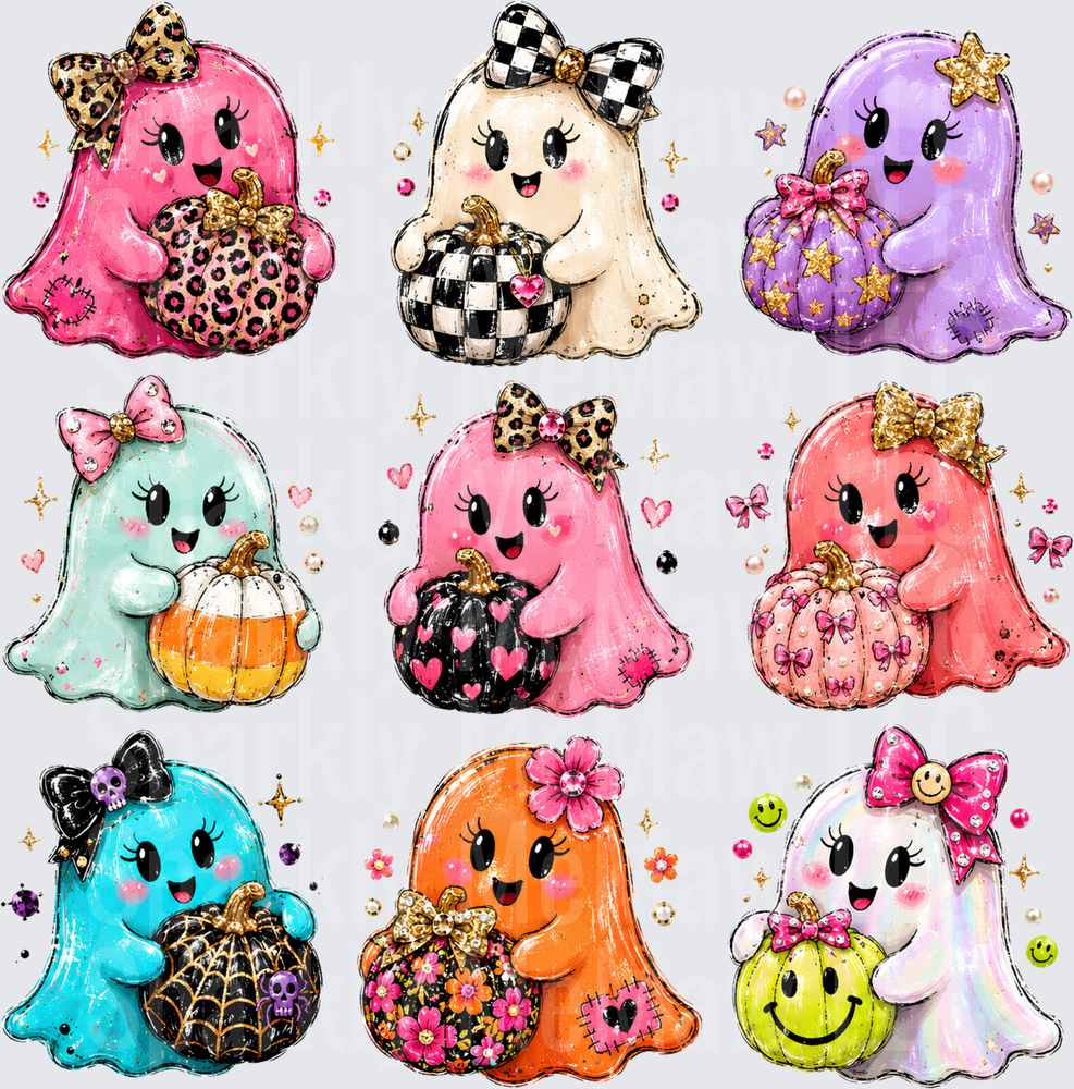 Cute Girly Halloween Ghost Bundle with Patterned Pumpkins Bows and Sparkles DTF Transfer for Fabrics