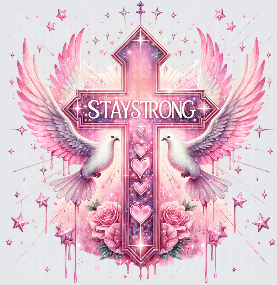 Stay Strong Pink Cross with Angel Wings Hearts and Roses UV DTF Decal
