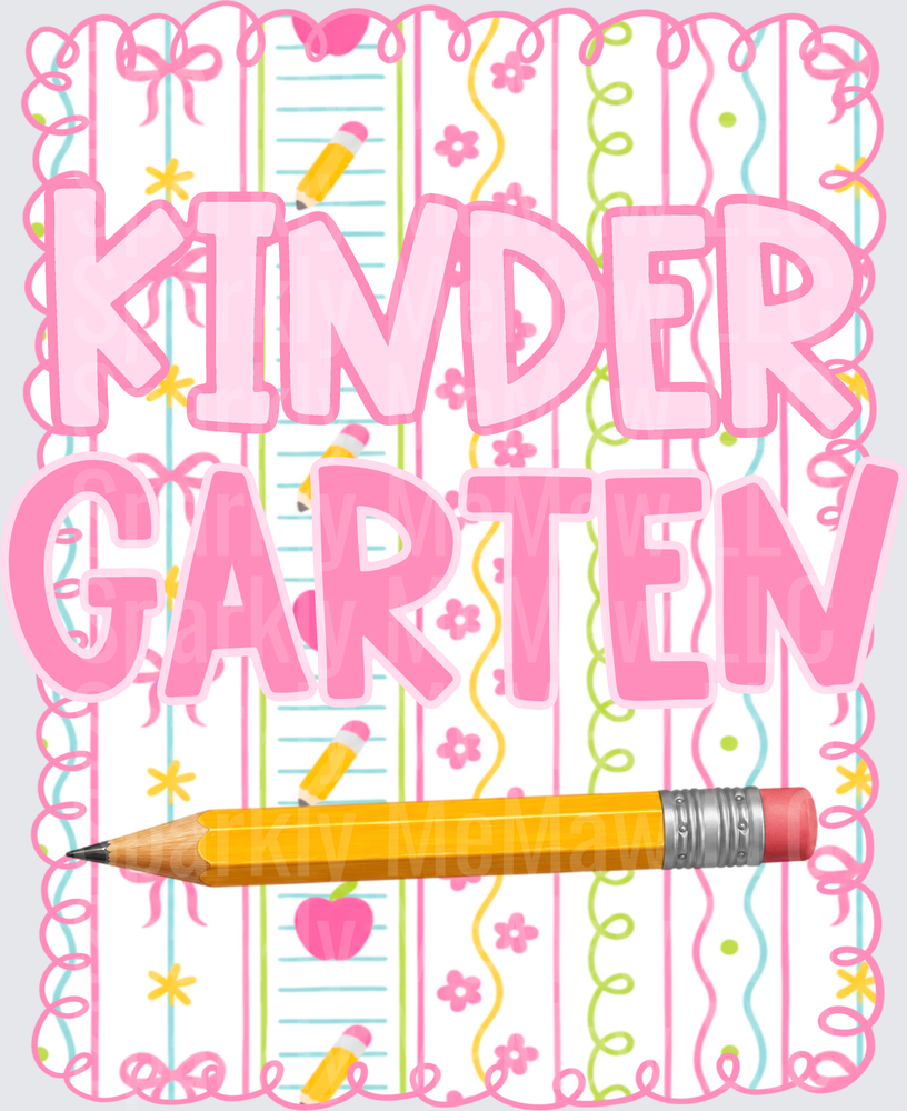 Kindergarten Pink Typography with Yellow Pencil and School Supplies Pattern DTF Transfer for Fabric