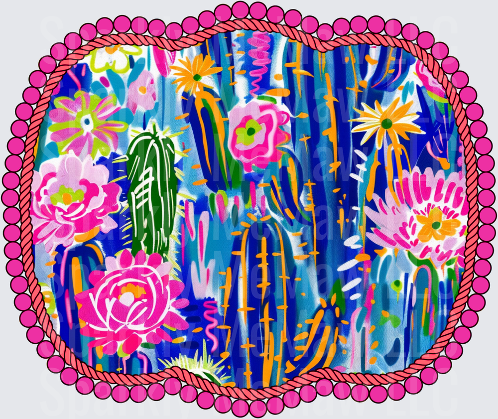 Vibrant Desert Cactus and Wildflower Scene with Pink Rope Border UV DTF Decal