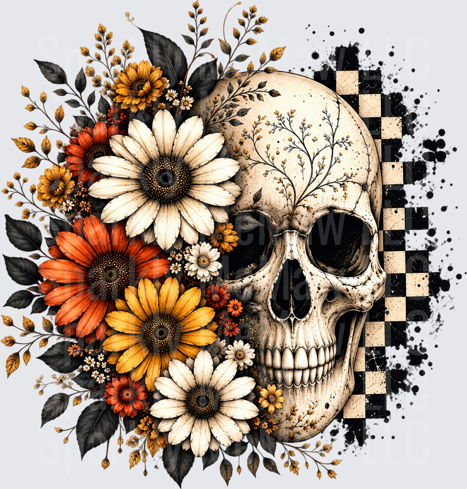 Floral Skull Checkered this is a uv dtf Decal