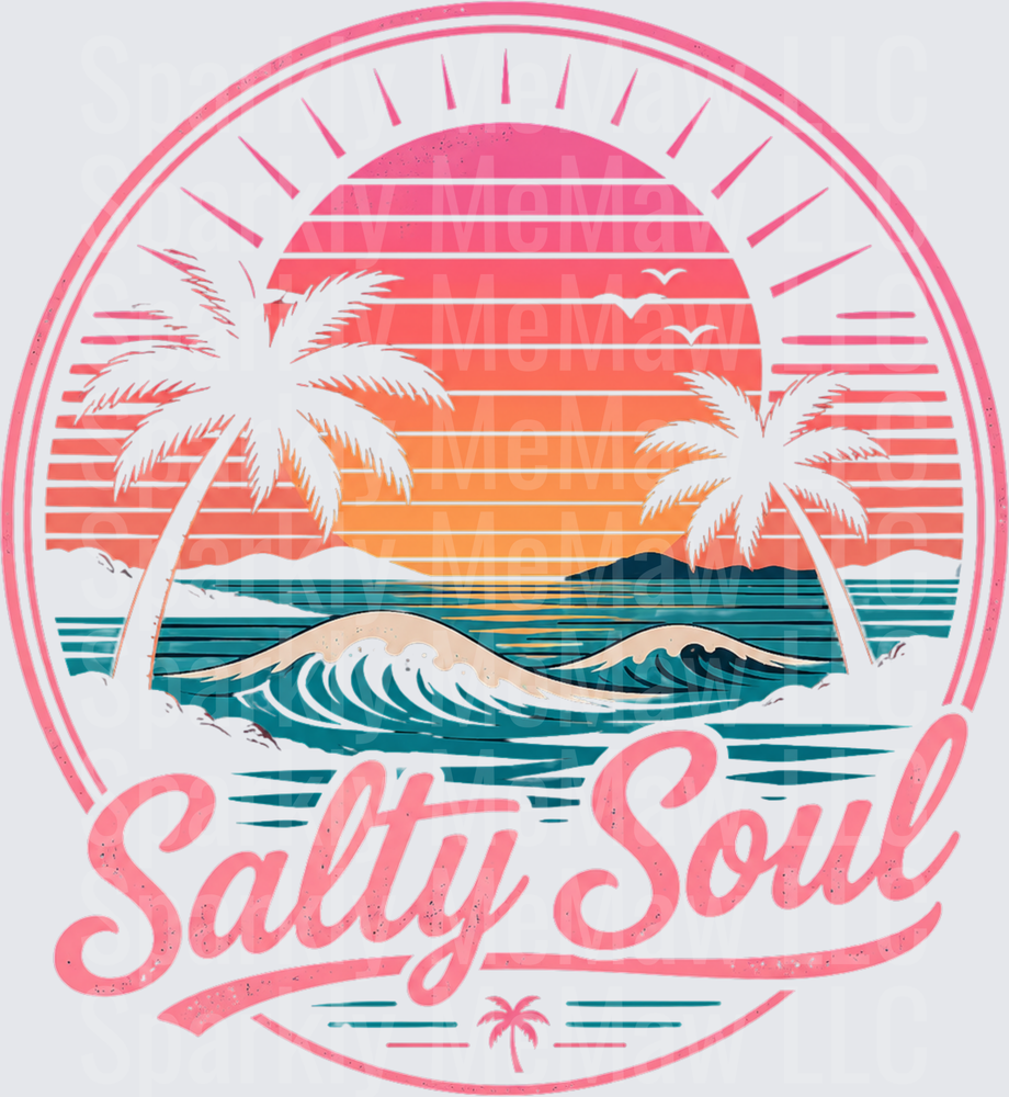 Salty Soul Retro Beach Sunset with Palm Trees and Ocean Waves UV DTF Decal