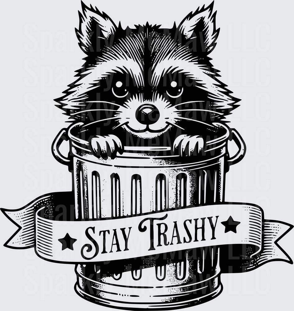 Stay Trashy Raccoon in Garbage Can with Banner UV DTF Decal