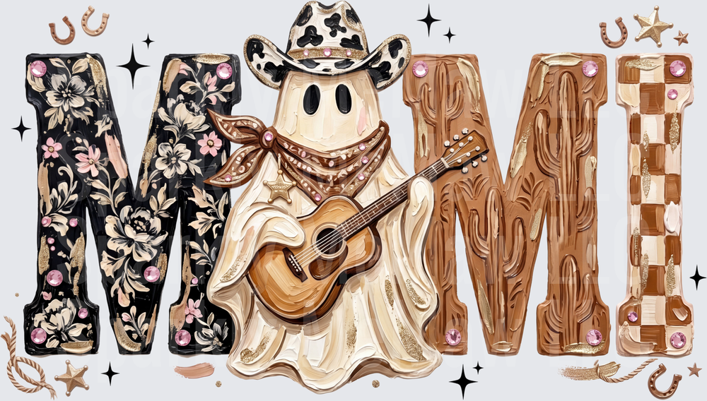 Western Cowboy Ghost Playing Guitar MIMI Letters with Floral Cactus Checkered Pink Rhinestone Boho Halloween DTF Fabric Transfer