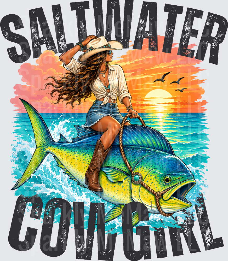 Saltwater Cowgirl Mahi Ride is a UV DTF Decal