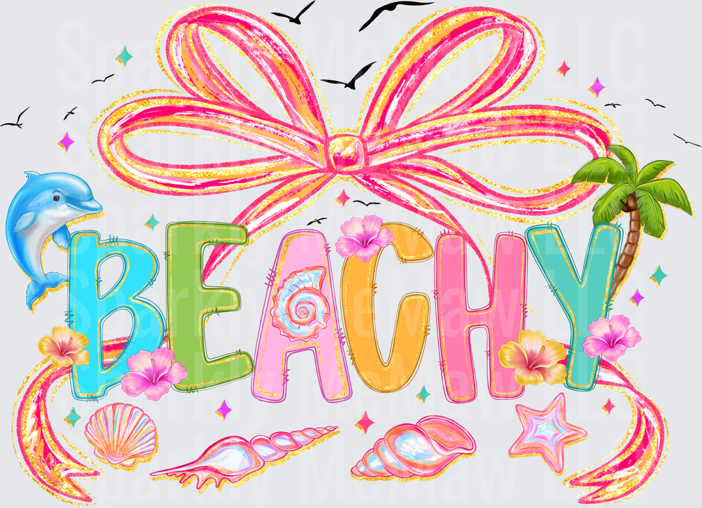 Tropical Beach Paradise DTF Transfer with Colorful Letters Dolphin Palm Tree Hibiscus Flowers and Seashells Design for Fabric