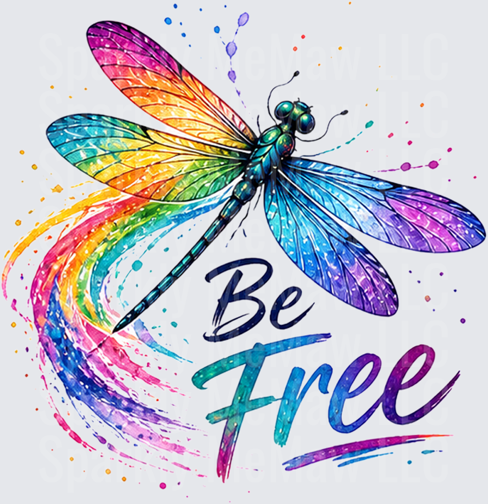 Be Free Rainbow Watercolor Dragonfly with Colorful Paint Splash UV DTF Decal
