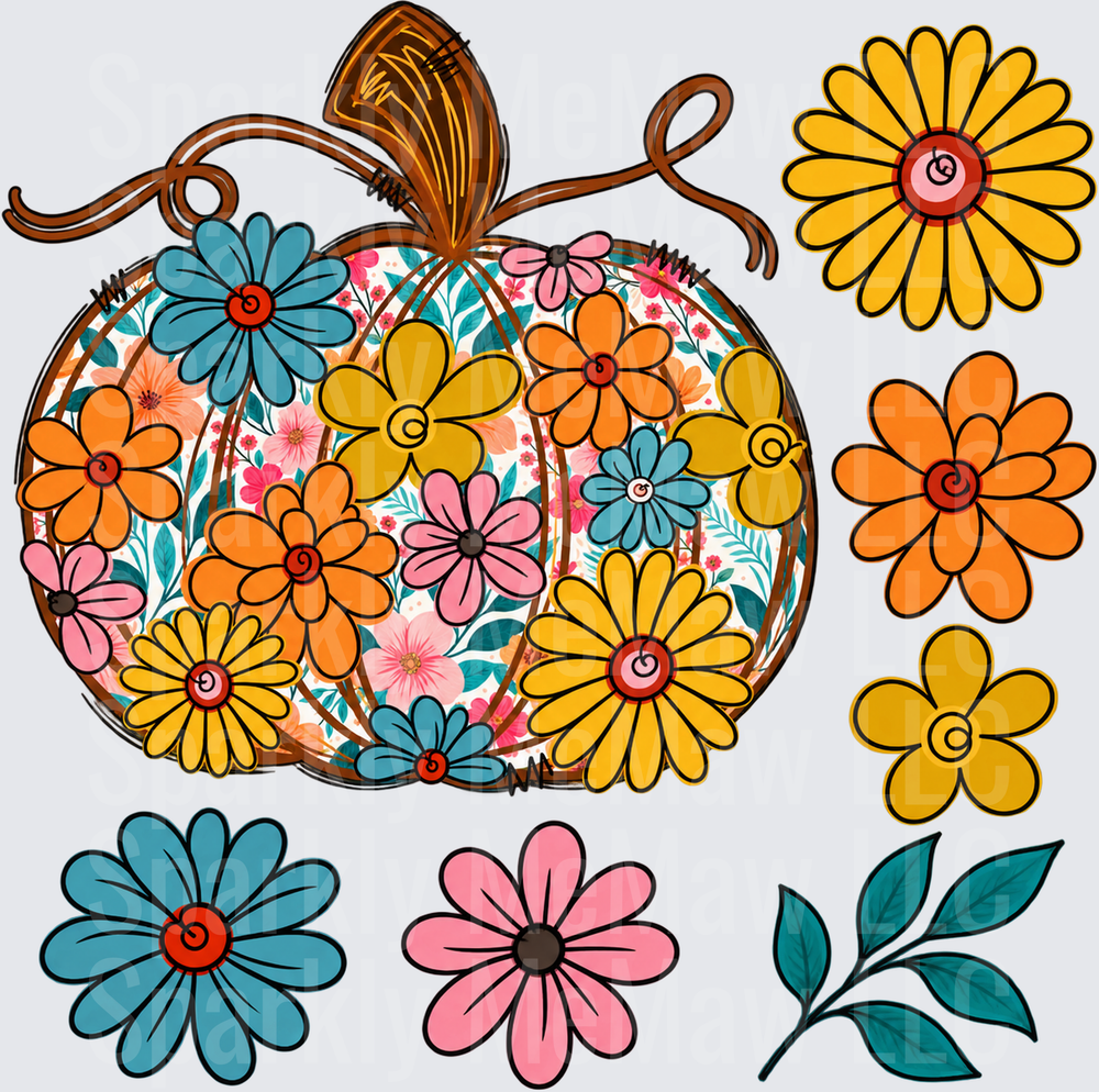 Floral Pumpkin Fall Boho 10x10 UV DTF Cut and Stick Element Sheet