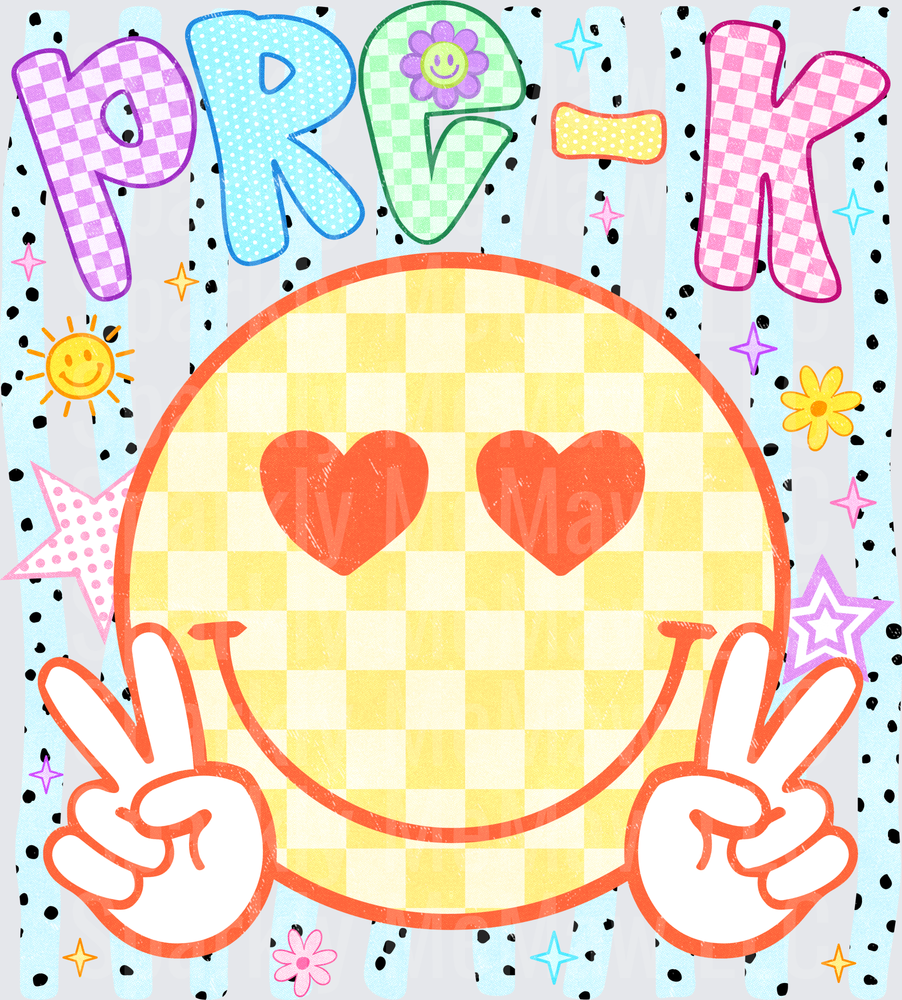 Groovy Peace Sign Smiley Face with Heart Eyes and Checkered Pattern DTF Transfer for Fabric