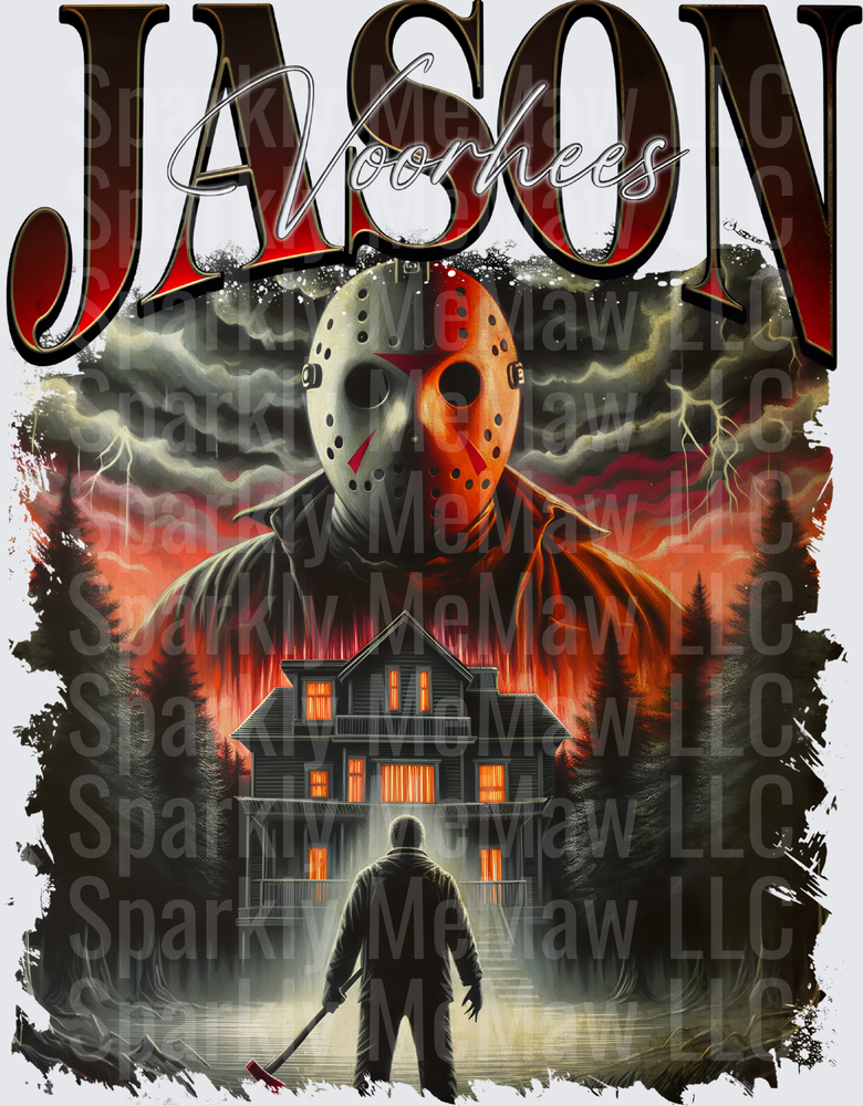 Jason Voorhees Friday the 13th Horror Iconic Hockey Mask Killer Standing Before Haunted House with Axe Stormy Red Sky DTF Transfer for Fabrics