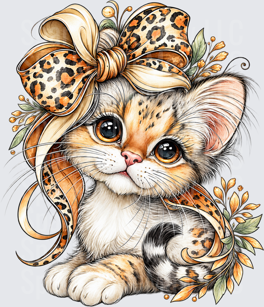 Cute Kitten Leopard Bow is a DTF Transfer for Fabrics