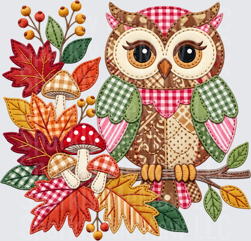 Patchwork Owl Fall Foliage this is a uv dtf Decal