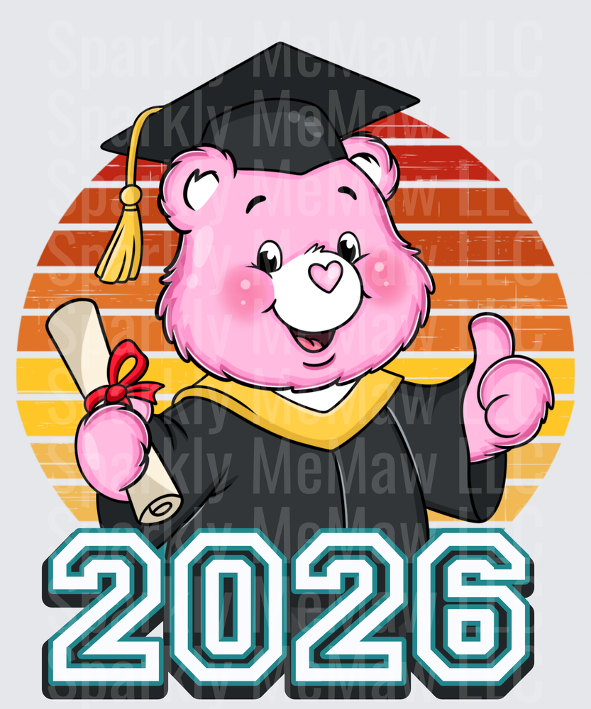 Pink 2 Bear Graduate with Diploma 2026 Retro Sunset UV DTF Decal
