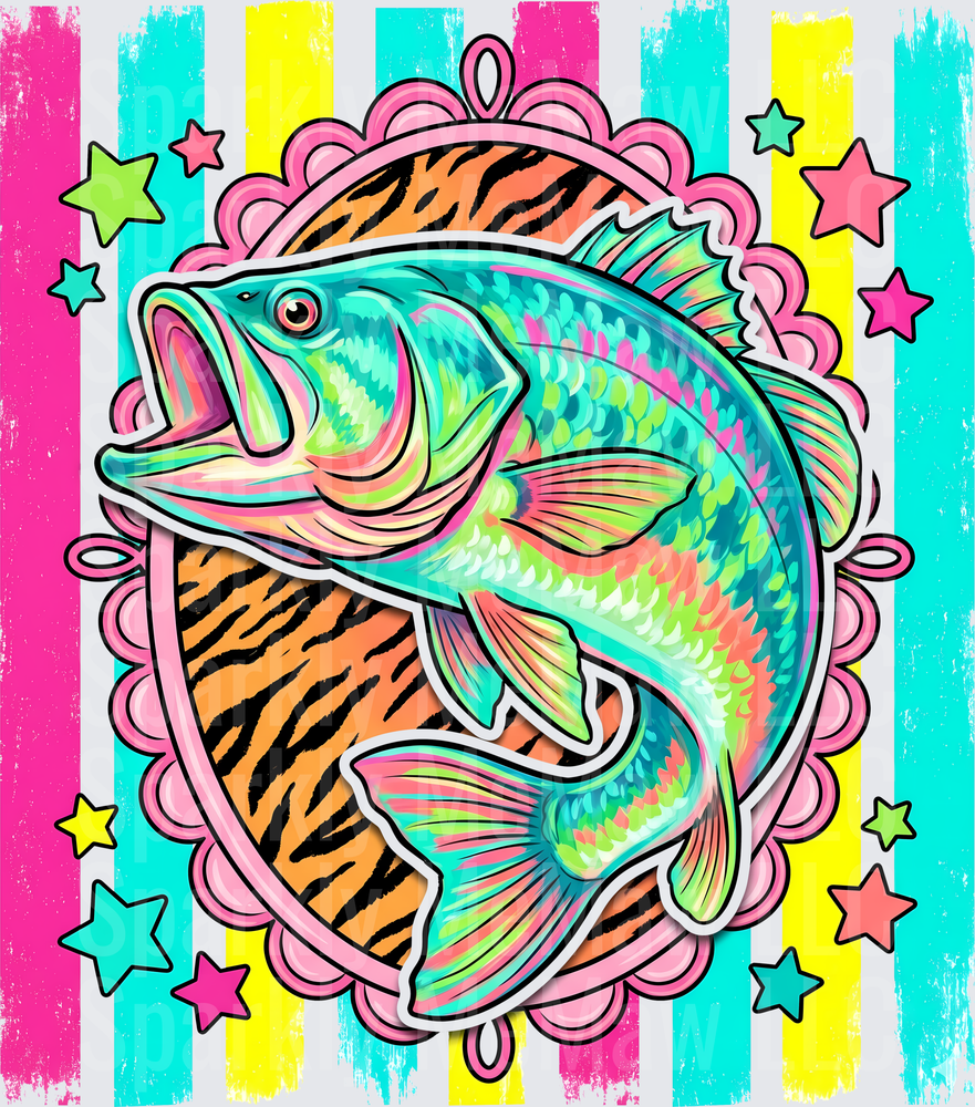 Vibrant Rainbow Bass Fish with Pink Ornate Frame and Tiger Stripes UV DTF Decal