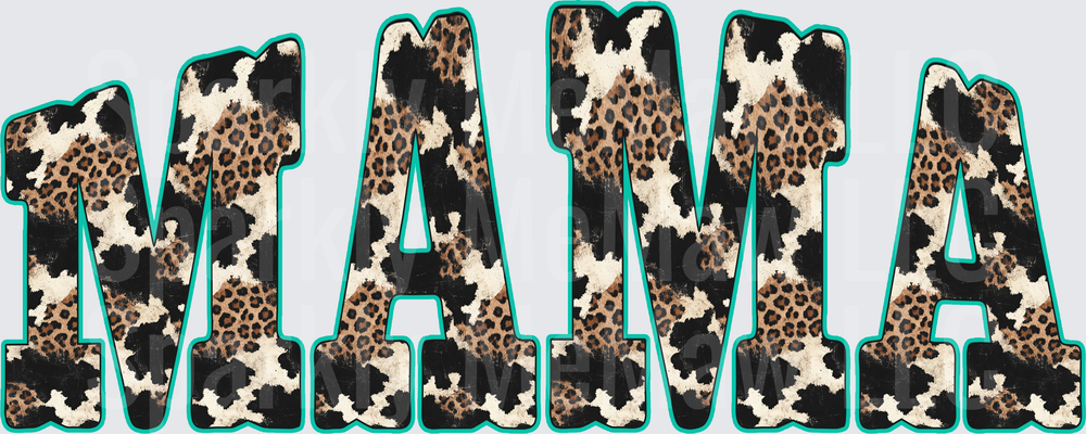 MAMA Mixed Cow and Leopard Print Teal Outline UV DTF Decal