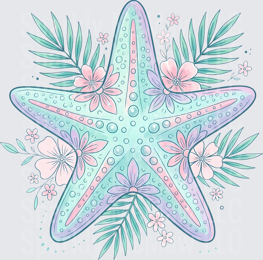 Pastel Starfish with Tropical Flowers and Palm Leaves UV DTF Decal
