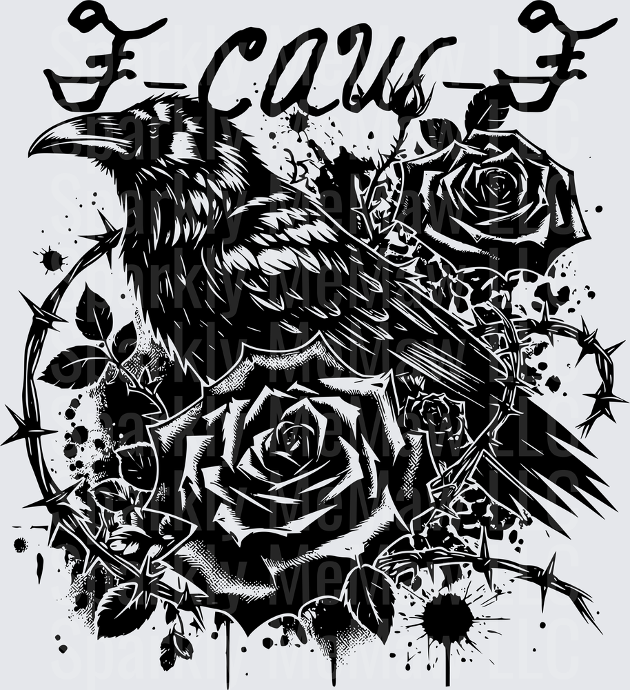 Gothic Raven with Roses and Thorns Black Ink Splatter Design