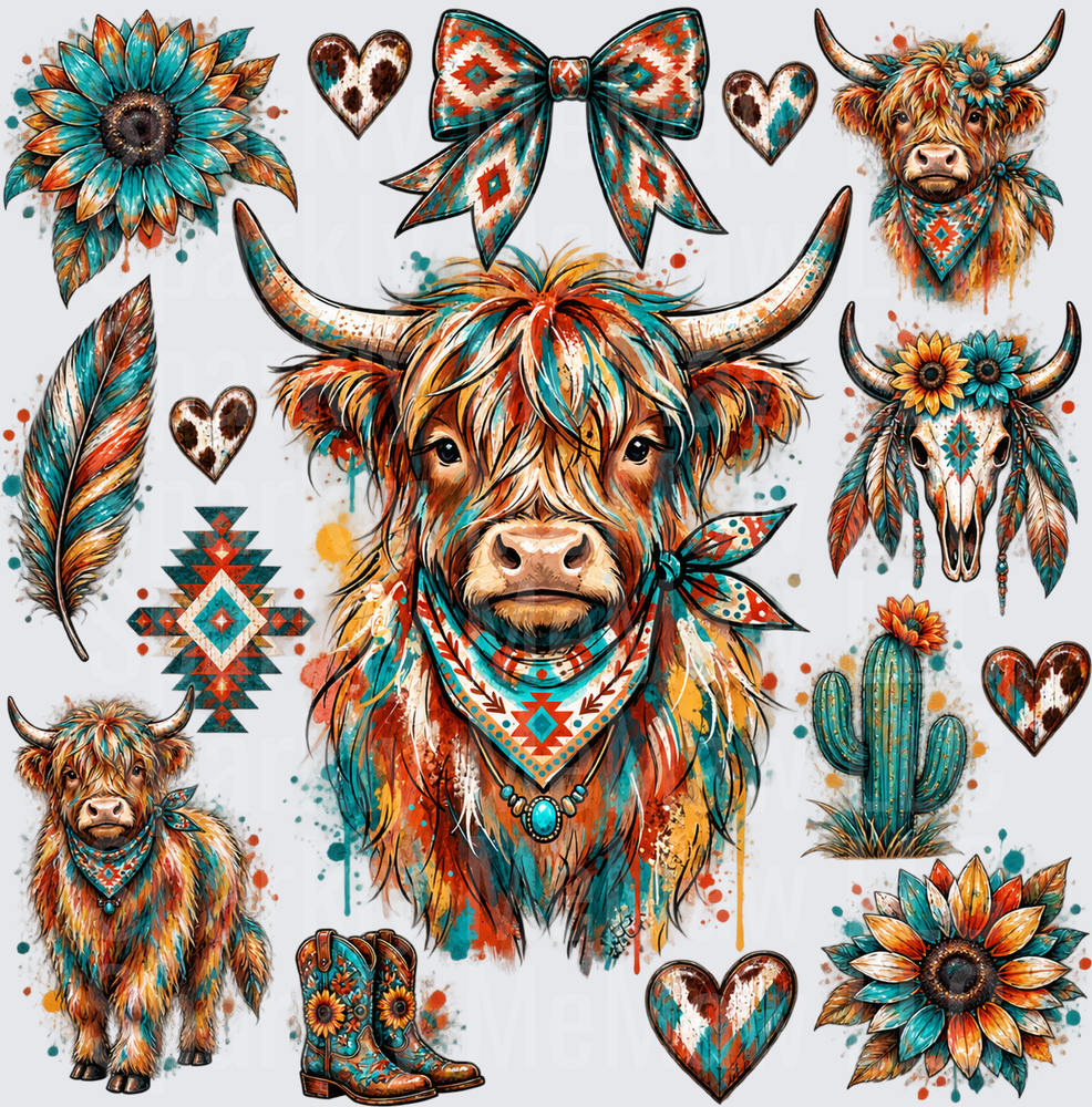 Boho Highland Cow Western Sheet this is a 10x10 UV DTF Cut/Peel/Stick Sheet