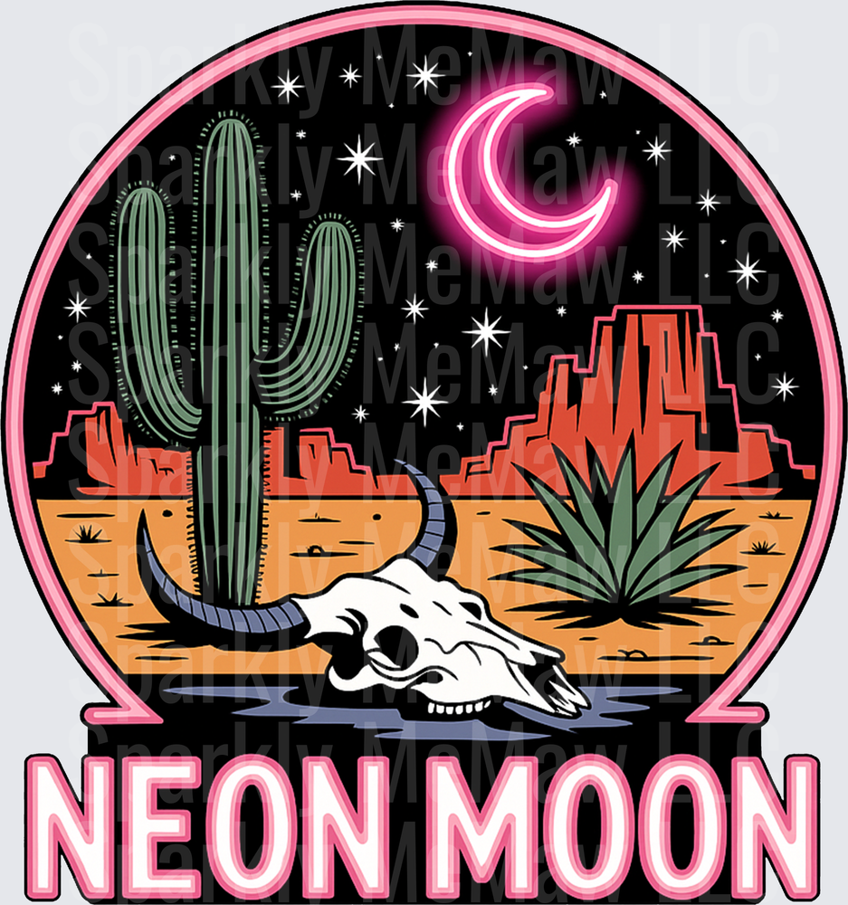 Neon Moon Western Desert Night Scene with Bull Skull Cactus and Glowing Pink Crescent Moon DTF Transfer for Fabrics