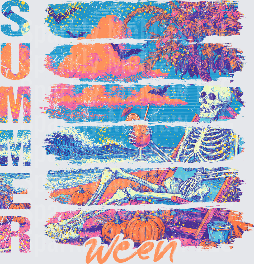 Skeleton Relaxing at Beach with Tropical Drink Summer Halloween Vibes DTF Transfer