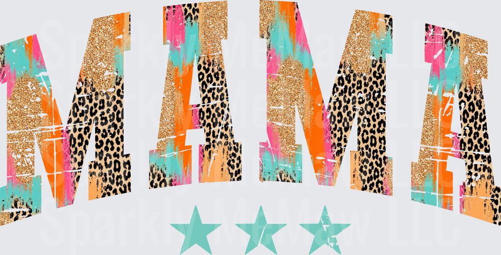 MAMA Text with Leopard Print Paint Strokes Gold Glitter and Turquoise Stars DTF Transfer