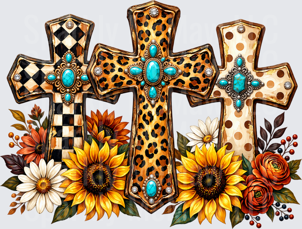 Three Patterned Crosses Sunflowers is a UV DTF Decal