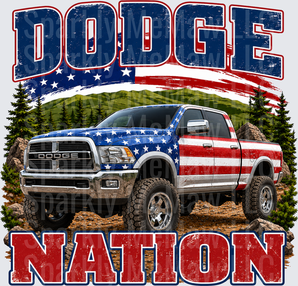 Dodge Nation Patriotic American Flag Pickup Truck Mountain Scene DTF Transfer for Fabric