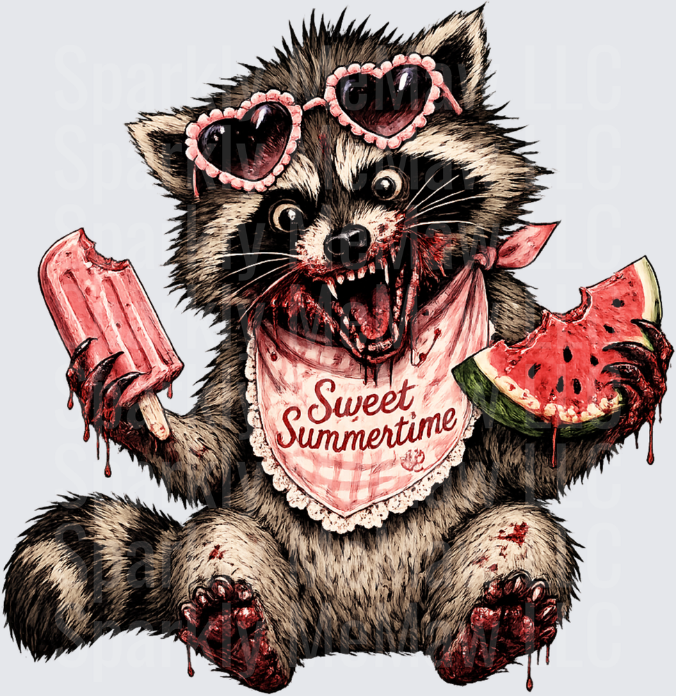 Sweet Summertime Zombie Raccoon with Heart Sunglasses and Watermelon Popsicle UV DTF Decal