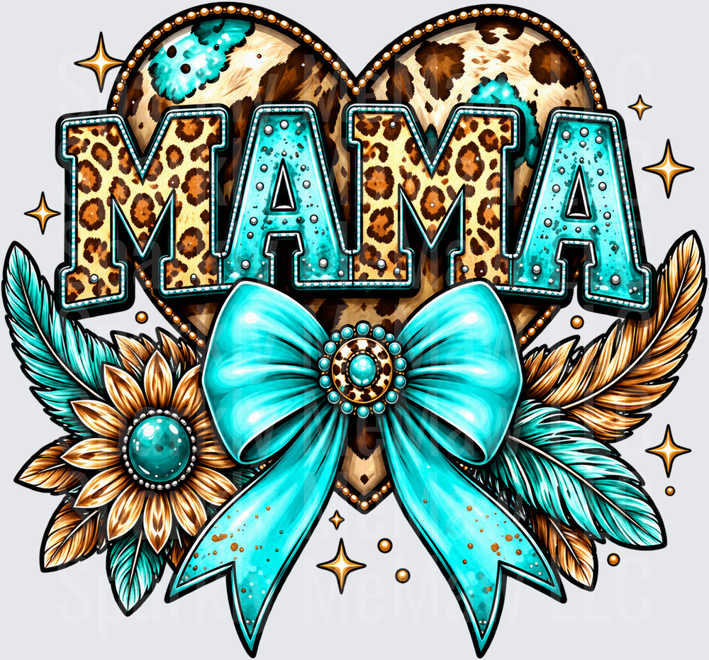 Mama Leopard Heart Turquoise Bow DTF Transfer for Fabrics