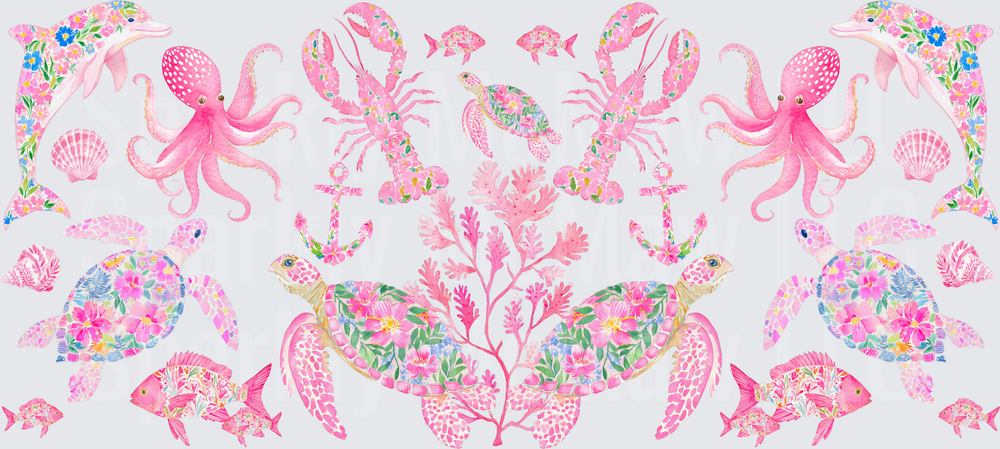 Pink Floral Ocean Animals UV DTF 16 OZ Wrap