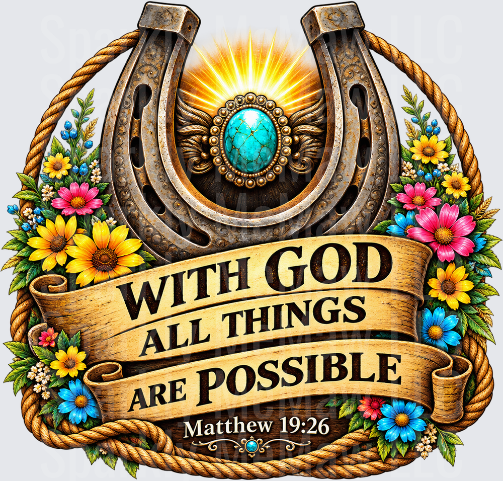 Horseshoe Faith Floral Matthew 19:26 DTF Transfer for Fabrics