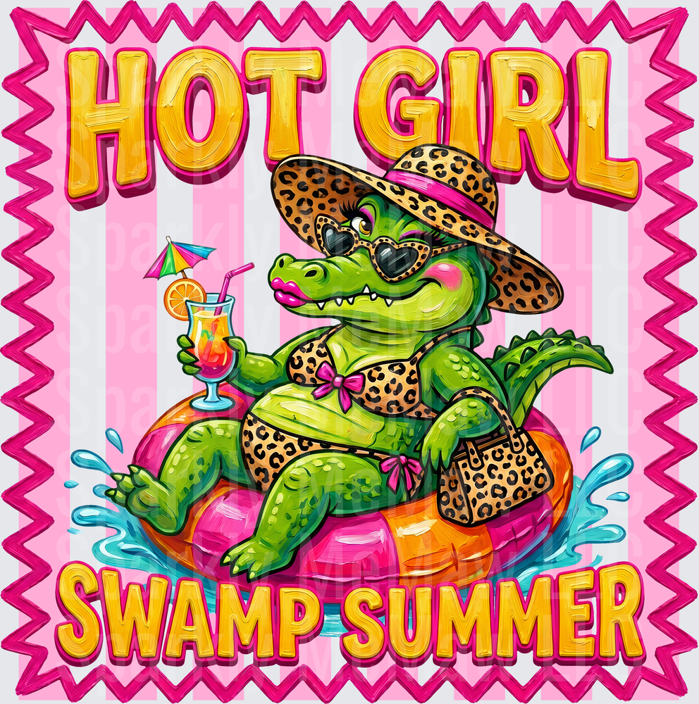 Hot Girl Swamp Summer Alligator in Leopard Print Bikini Pool Float DTF Transfer for Fabric
