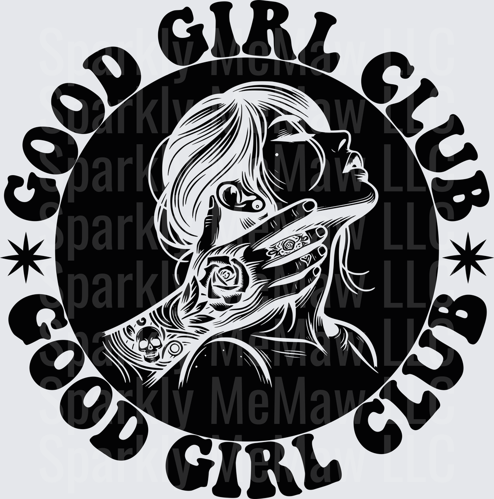 Good Girl Club Tattooed Woman with Skull Sunglasses and Roses Black and White Circular Badge DTF Transfer for Fabric