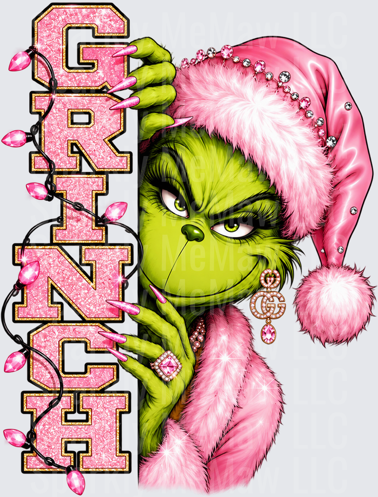 Glamour Grinch Pink Christmas DTF Transfer for Fabrics