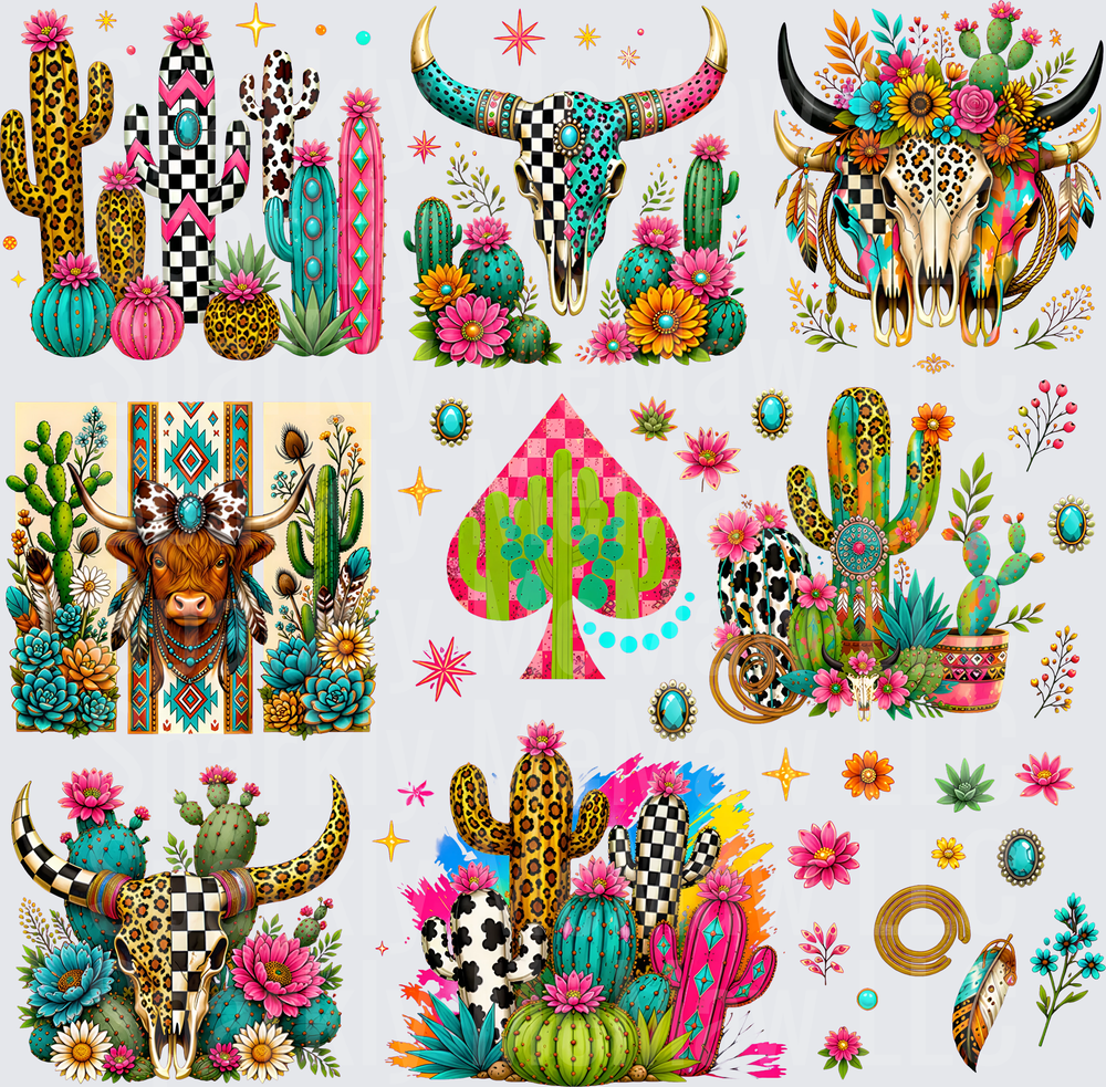 Boho Western Cactus Bull Skull this is a 10x10 uv dtf sheet