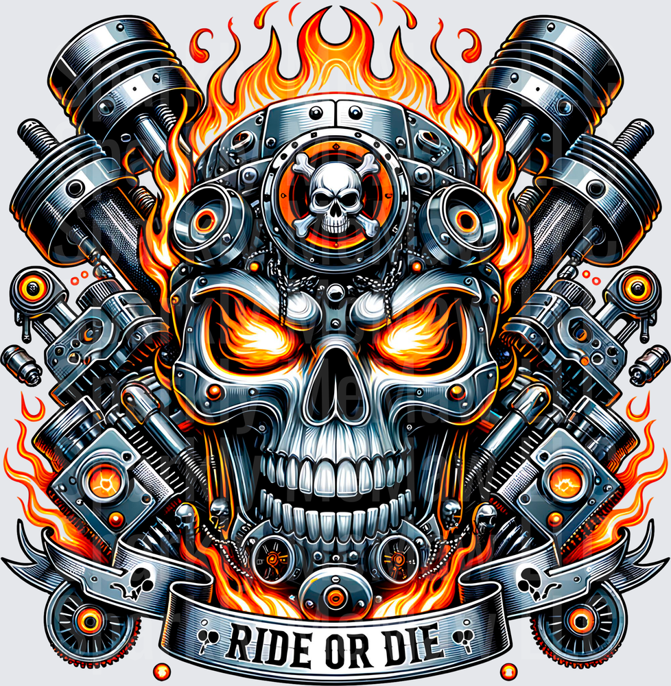 Mechanical Skull with Pistons and Flames Ride or Die Banner UV DTF Decal