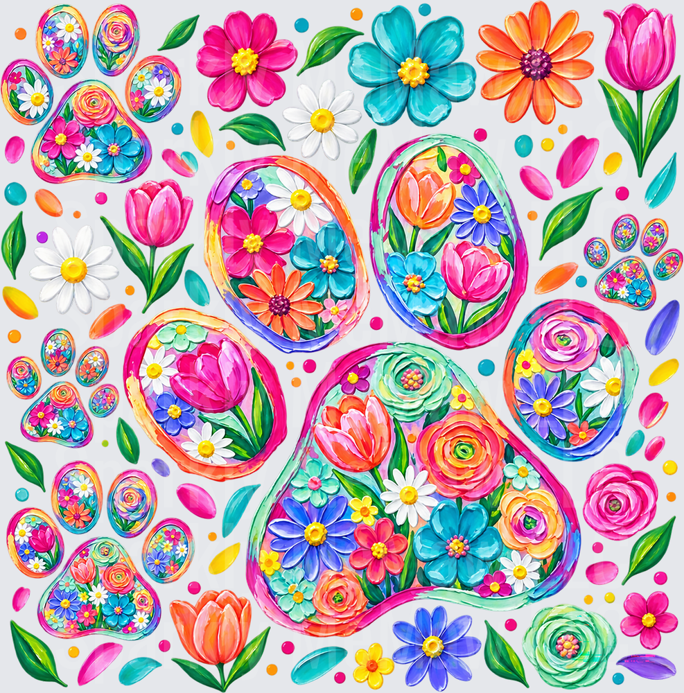 Floral Paw Print Gang Sheet is a 10x10 UV DTF Cut/Peel/Stick Sheet