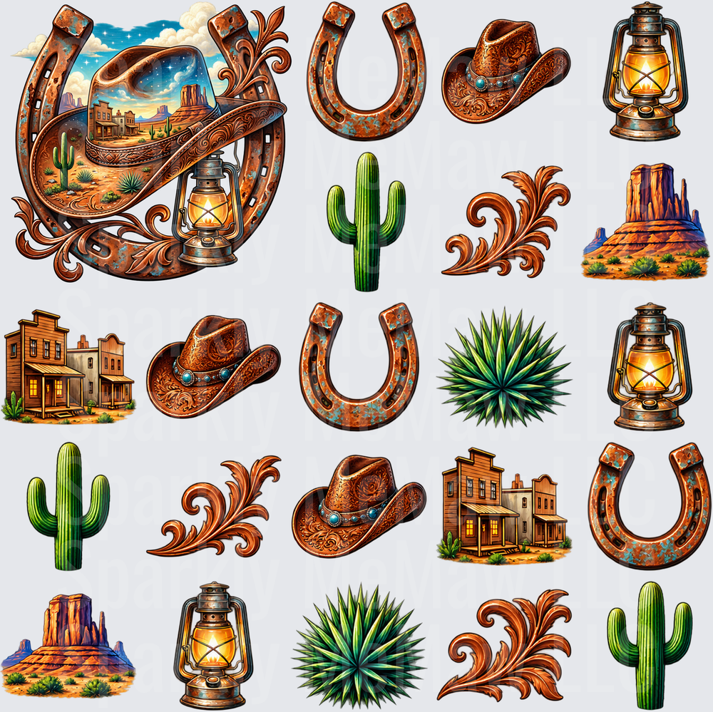 Western Wild West Icons 10x10 UV DTF Cut and Stick Sheet