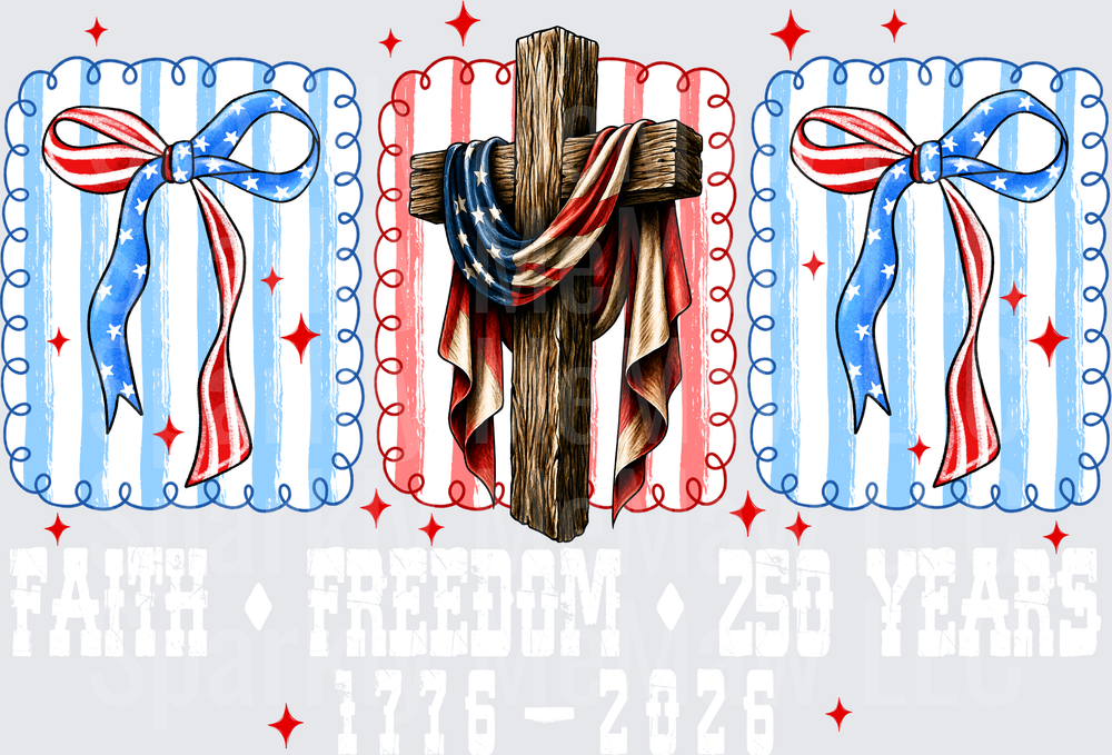 UV DTF Decal Patriotic American Flag Draped Wooden Cross with Red White and Blue Coquette Bows Stars and Stripes Scalloped Frames