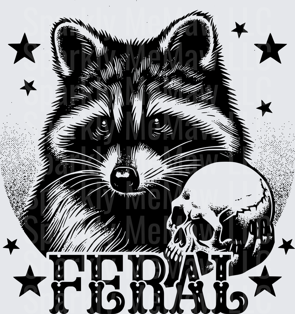 Feral Raccoon with Skull Gothic Black and White Design UV DTF Decal