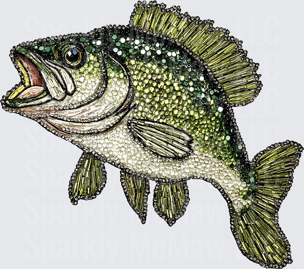 Green Bass Fish with Sparkling Rhinestone and Sequin Effect DTF Transfer for Fabric