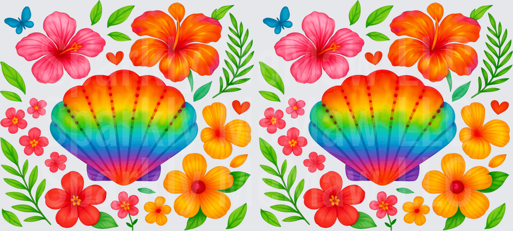 Rainbow Seashell Tropical Floral This is a UV DTF 16 OZ Wrap