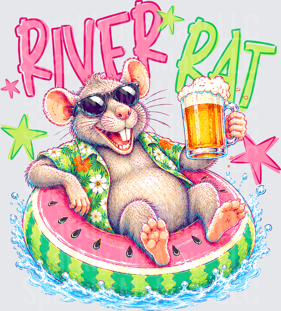 River Rat Cartoon Hamster in Sunglasses on Watermelon Float Holding Beer Summer Fun DTF Transfer for Fabric