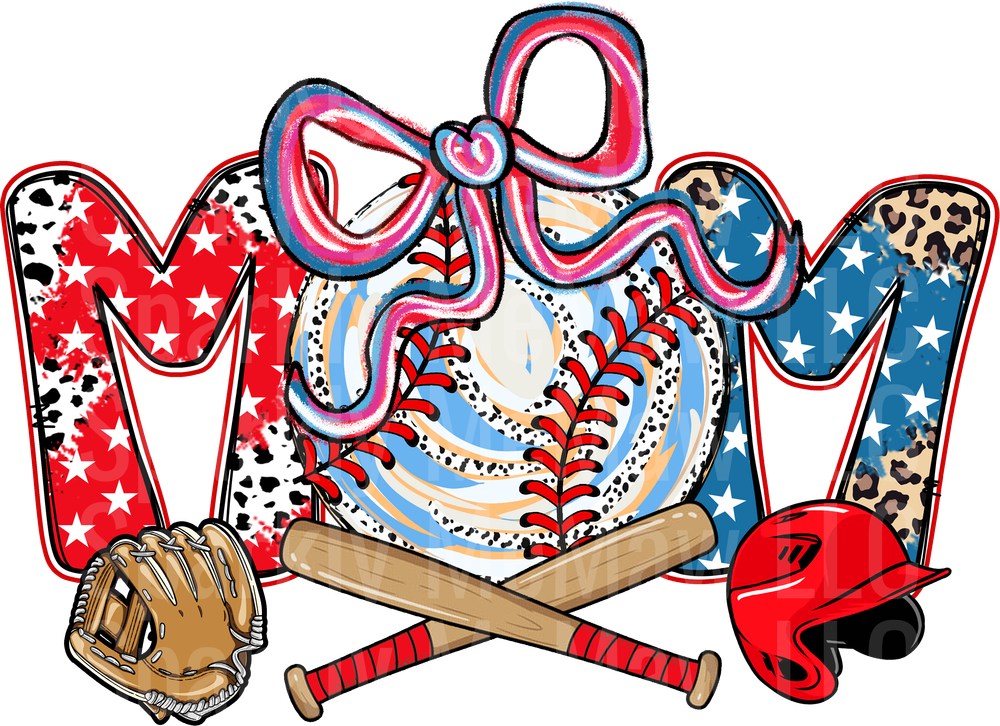 Baseball Mom Patriotic Red White Blue Stars Leopard Print with Bow